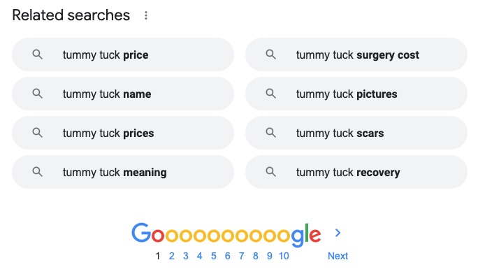 Example of long tail search results