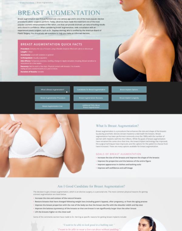 Example of custom website design for procedure pages