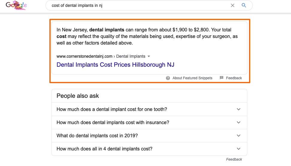 Google Featured Snippet for Dental Implants Cost in NJ