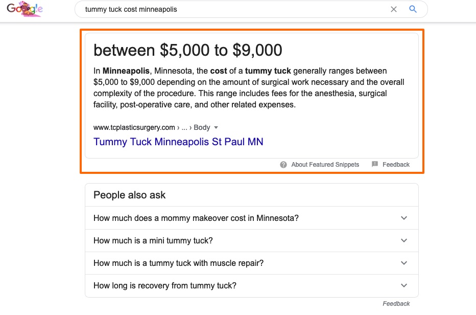 Google Featured Snippet for Tummy Tuck Minneapolis